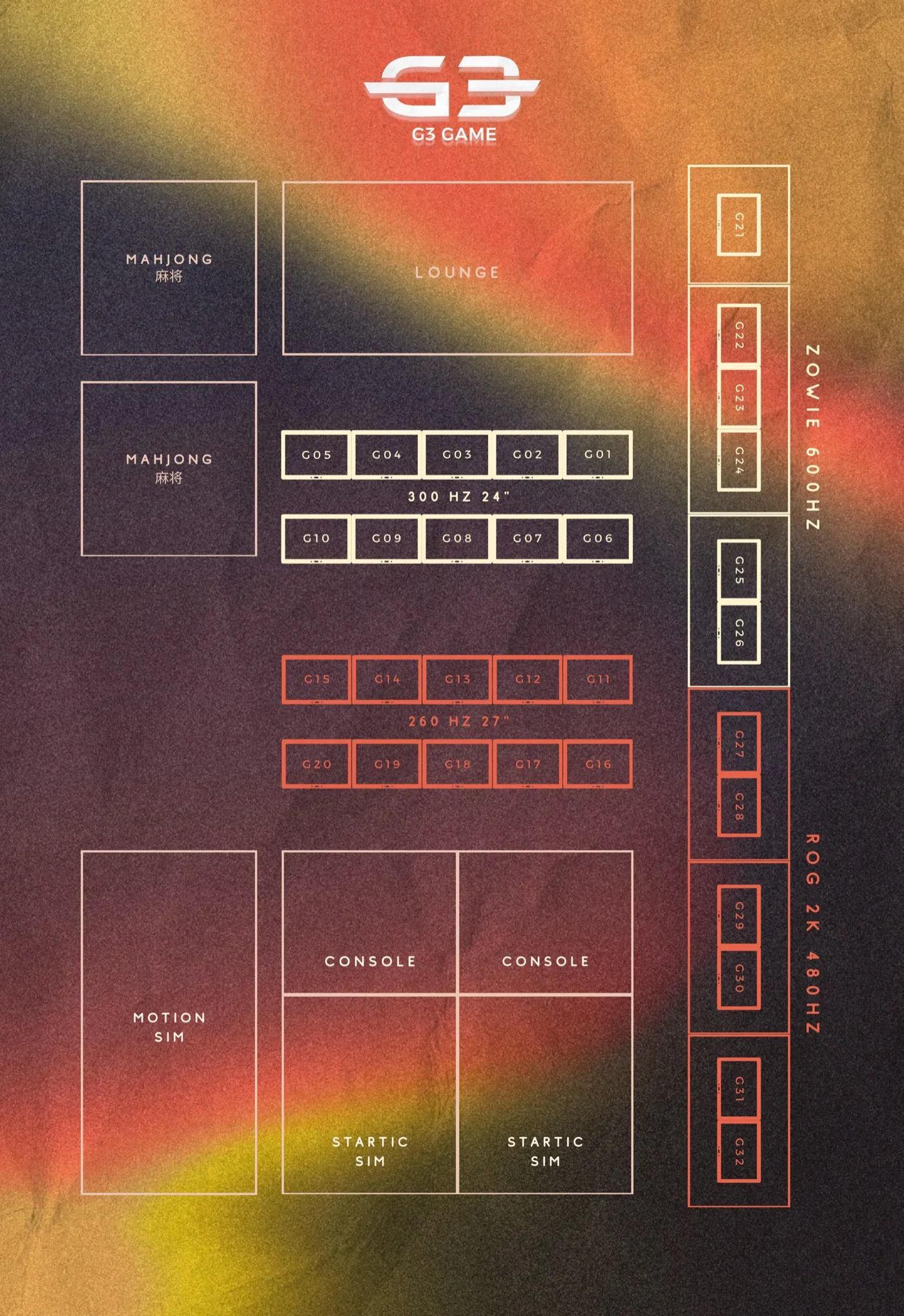 G3 floor plan: lobby PC stations, VIP PC rooms, console rooms, mahjong rooms and the sim racing bay